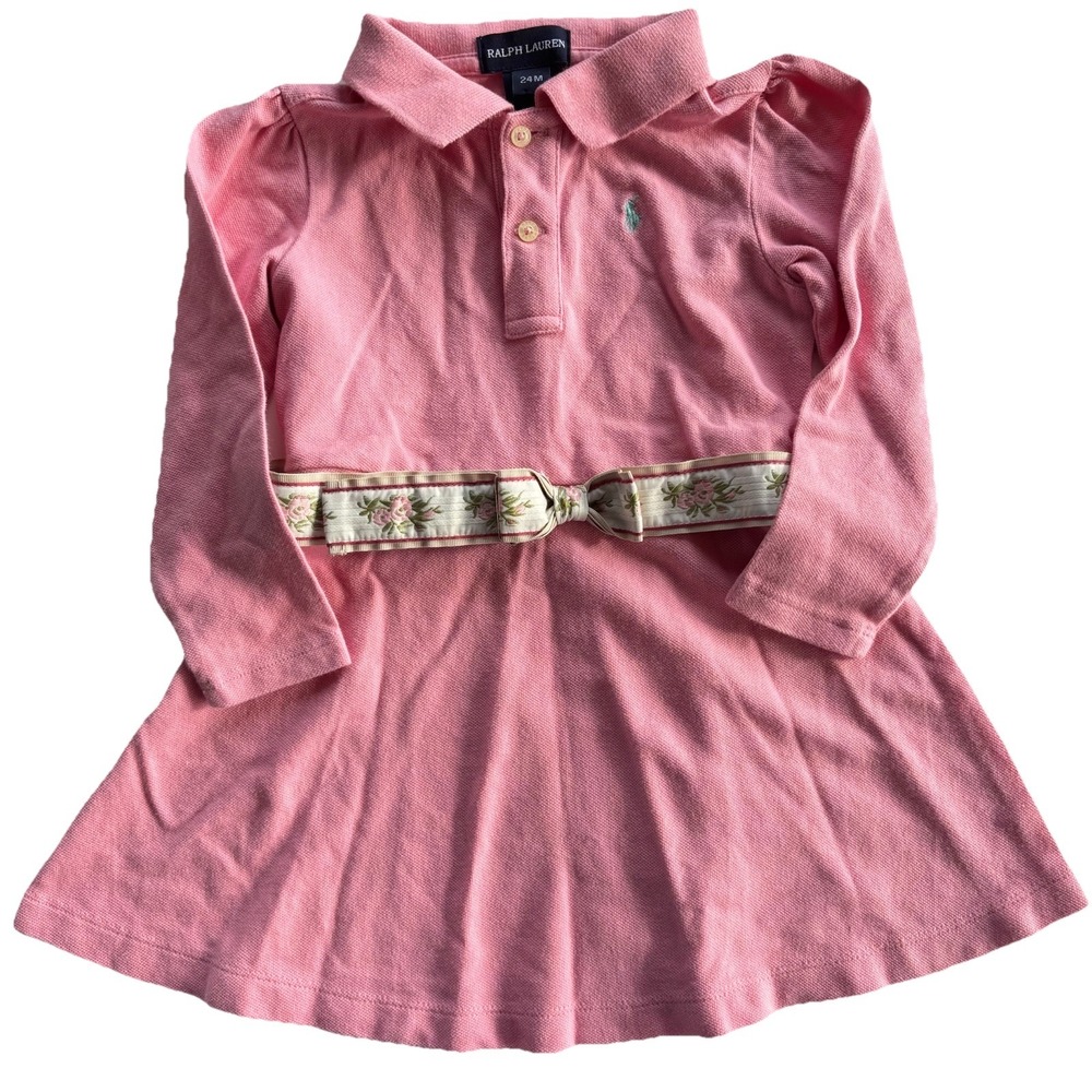 Ralph Lauren Girls Pique Polo Long Sleeve Pink Button Dress w/ Belt Size 24 Mos